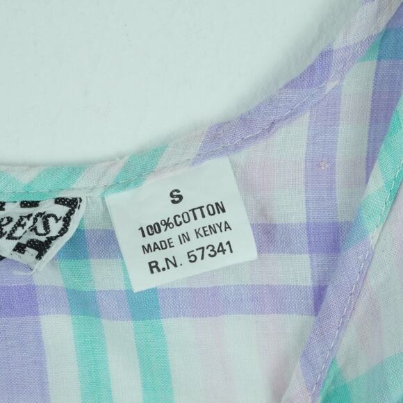 Vintage XXS Dress 80s Midi Pastel Plaid Drop Waist Cottagecore Preppy Cotton - Picture 3 of 7